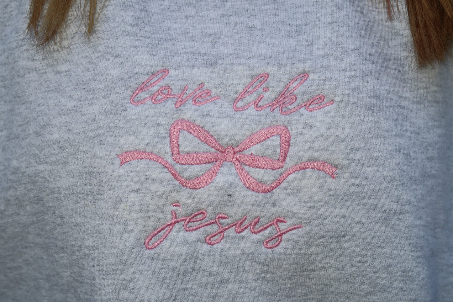 LOVE LIKE JESUS EMBROIDERY PINK BOW CREWNECK | GRAY CREW COLOR