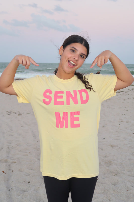 HERE I AM SEND ME PUFF PRINT SHIRT | YELLOW AND PINK COLOR